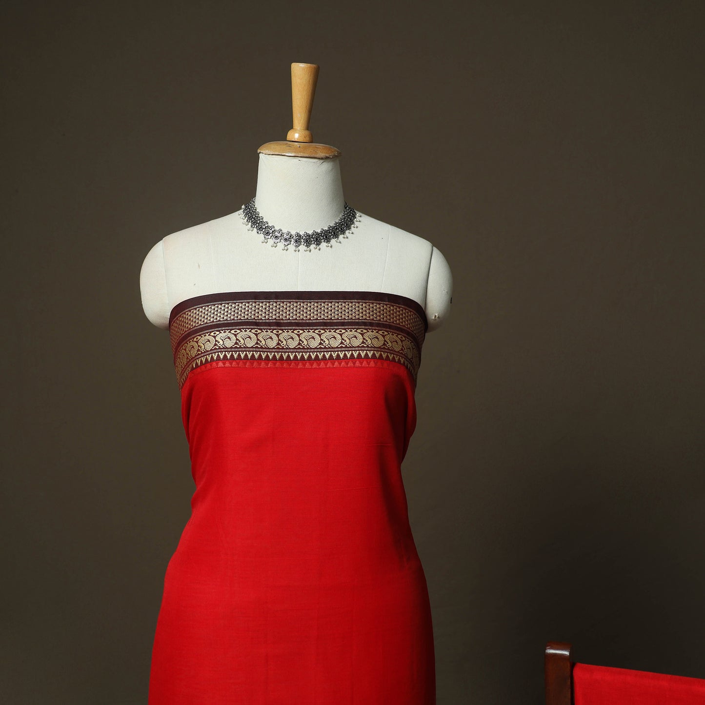 Red - Dharwad Woven Mercerised Cotton 3pc Unstitched Dress Material Suit Set 66