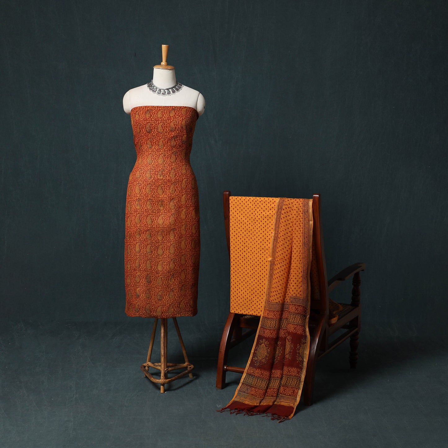 Bagh Hand Block Print Natural Dyed Kota Doria Cotton 3pc Unstitched Dress Material Suit Set 34