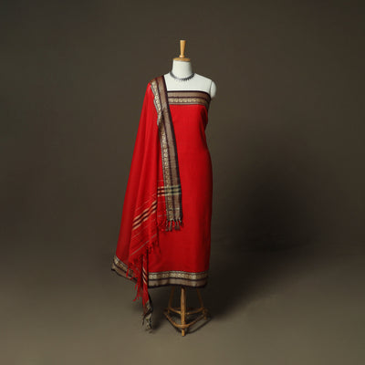 Red - Dharwad Woven Mercerised Cotton 3pc Unstitched Dress Material Suit Set 66
