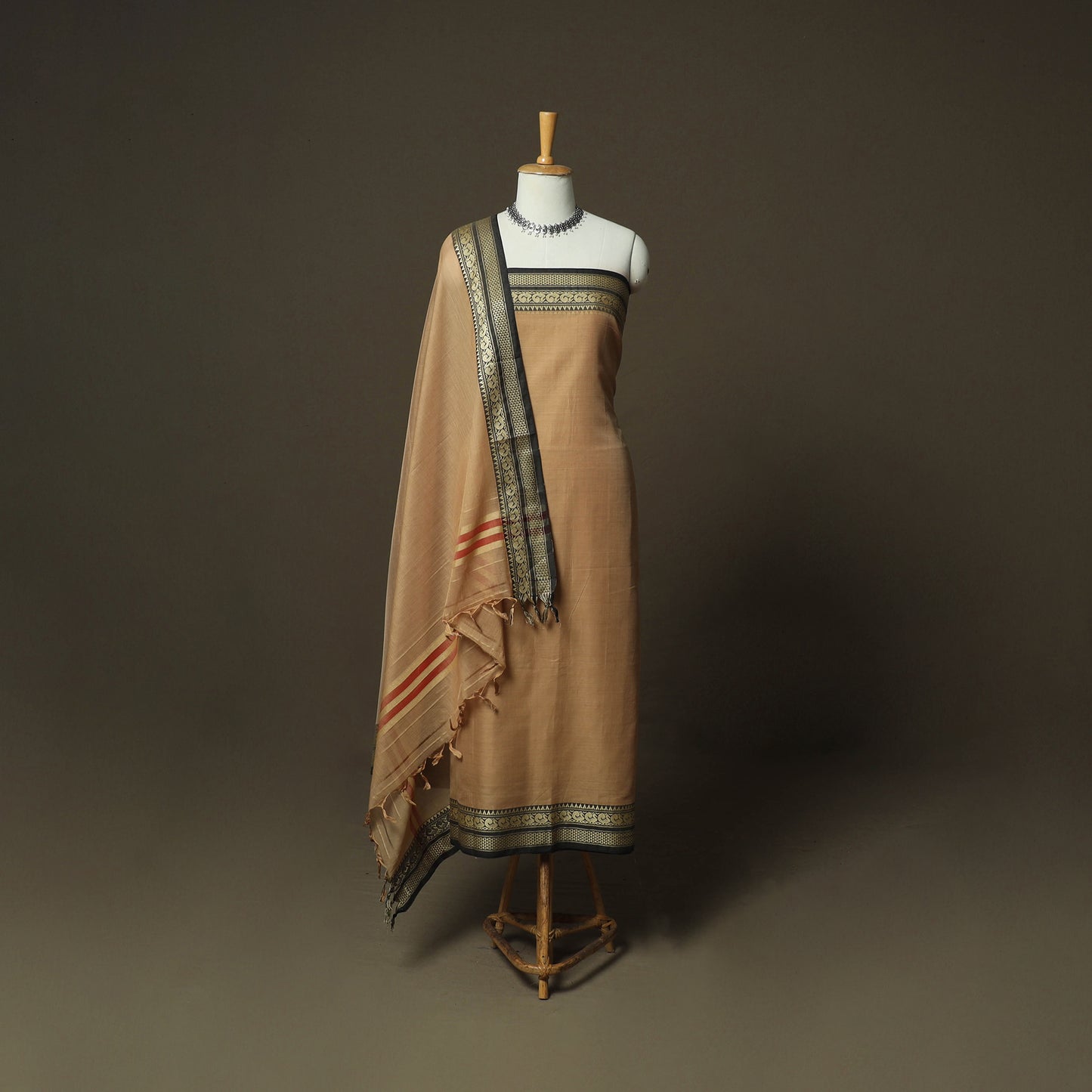 Brown - Dharwad Woven Mercerised Cotton 3pc Unstitched Dress Material Suit Set 67