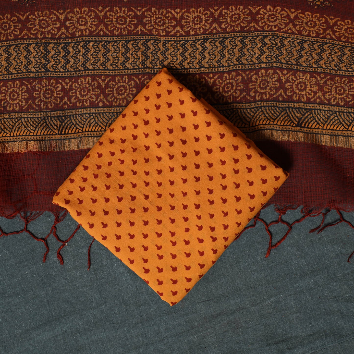 Bagh Hand Block Print Natural Dyed Kota Doria Cotton 3pc Unstitched Dress Material Suit Set 34