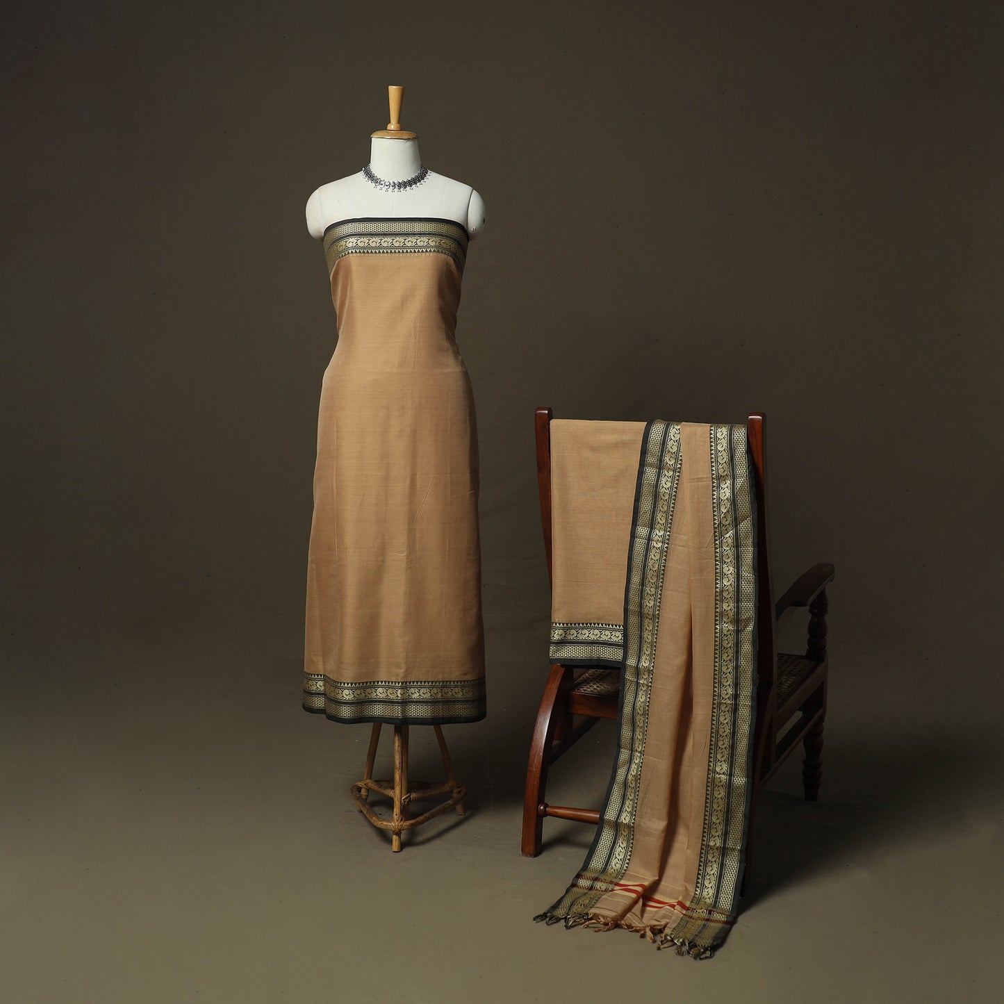 Brown - Dharwad Woven Mercerised Cotton 3pc Unstitched Dress Material Suit Set 67