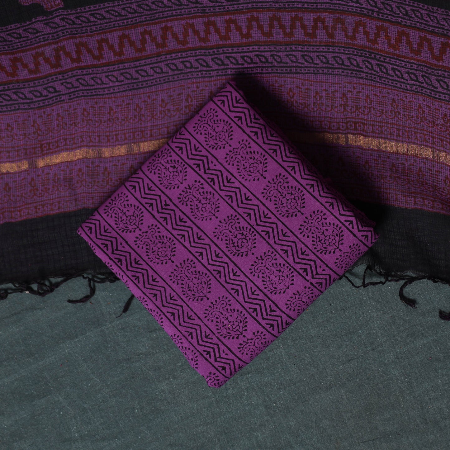 Bagh Hand Block Print Natural Dyed Kota Doria Cotton 3pc Unstitched Dress Material Suit Set 35