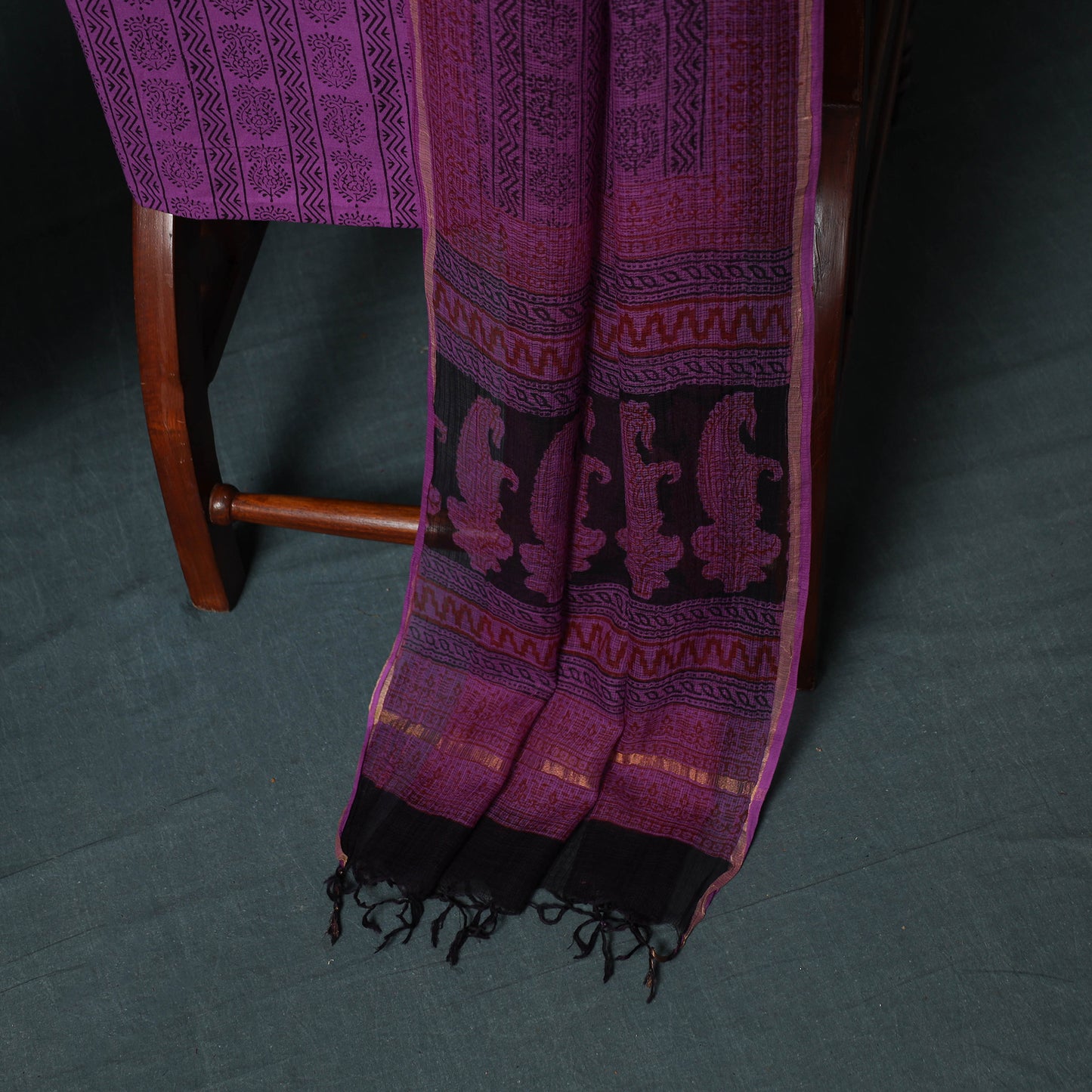 Bagh Hand Block Print Natural Dyed Kota Doria Cotton 3pc Unstitched Dress Material Suit Set 35