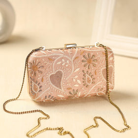 Peach Chikankari Hand Embroidered Tussar Silk Clutch/Sling Bag