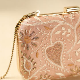 Peach Chikankari Hand Embroidered Tussar Silk Clutch/Sling Bag