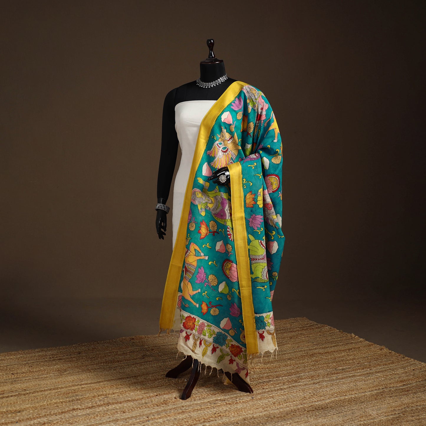 Srikalahasti Pen Work Kalamkari Bangalore Silk Figure Handpainted Dupatta 51