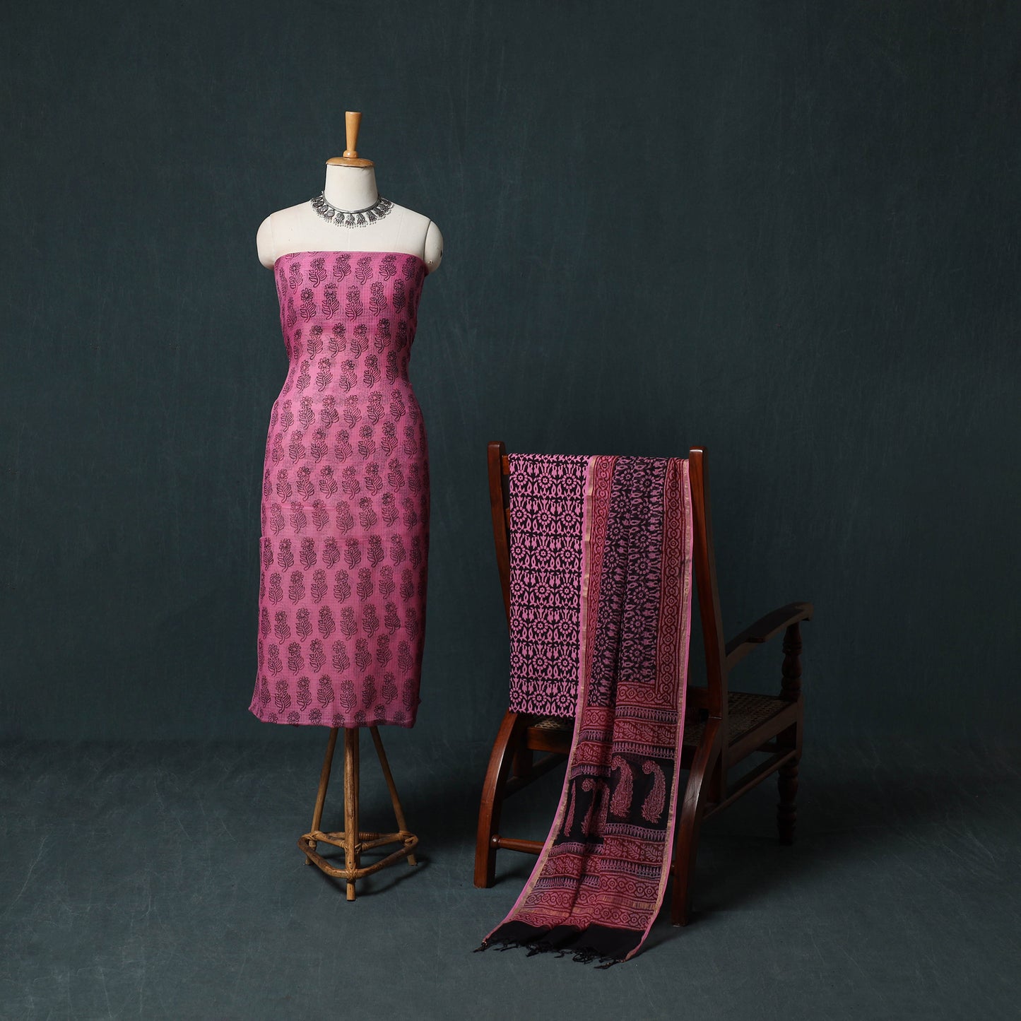Bagh Hand Block Print Natural Dyed Kota Doria Cotton 3pc Unstitched Dress Material Suit Set 38