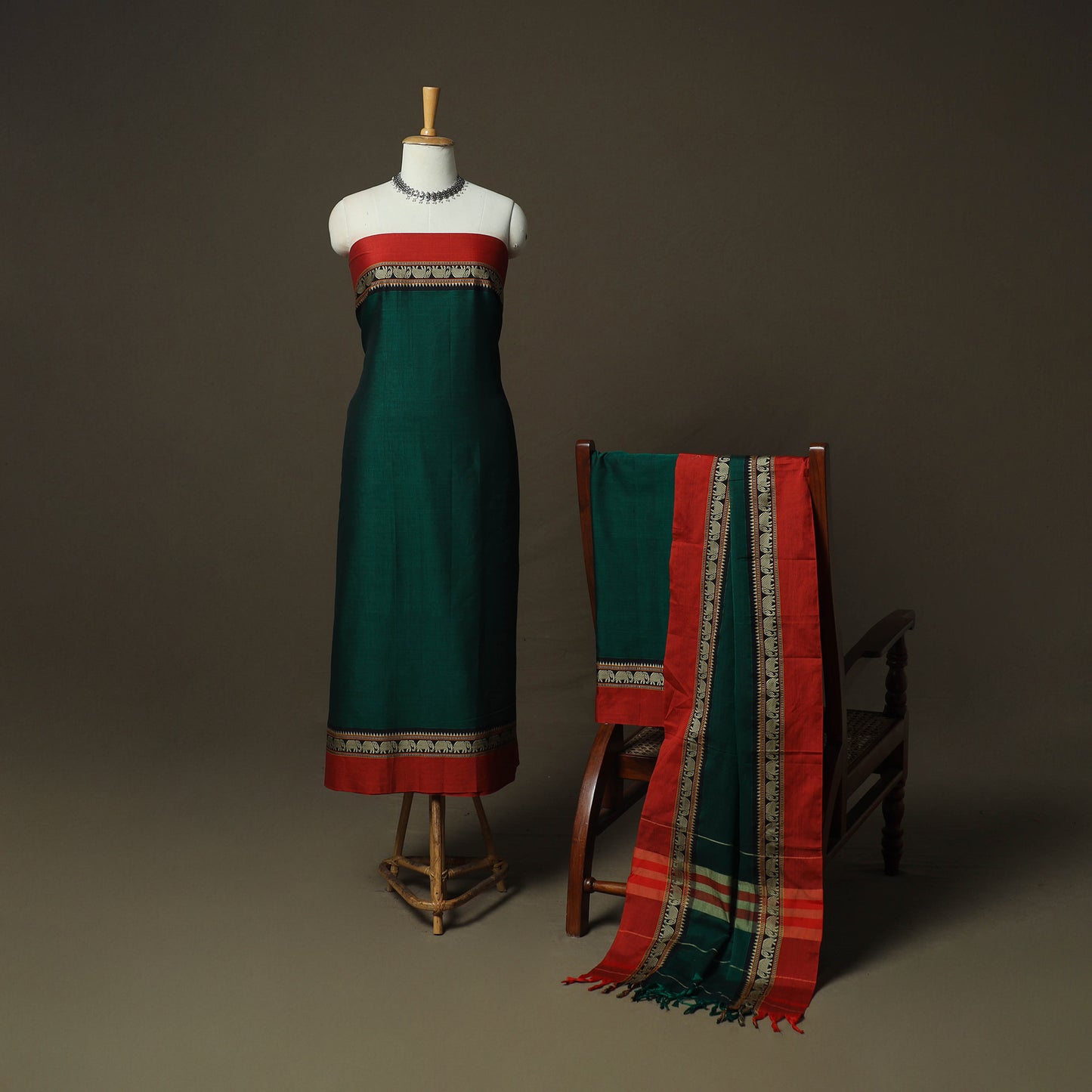 Green - Dharwad Woven Mercerised Cotton 3pc Unstitched Dress Material Suit Set 72