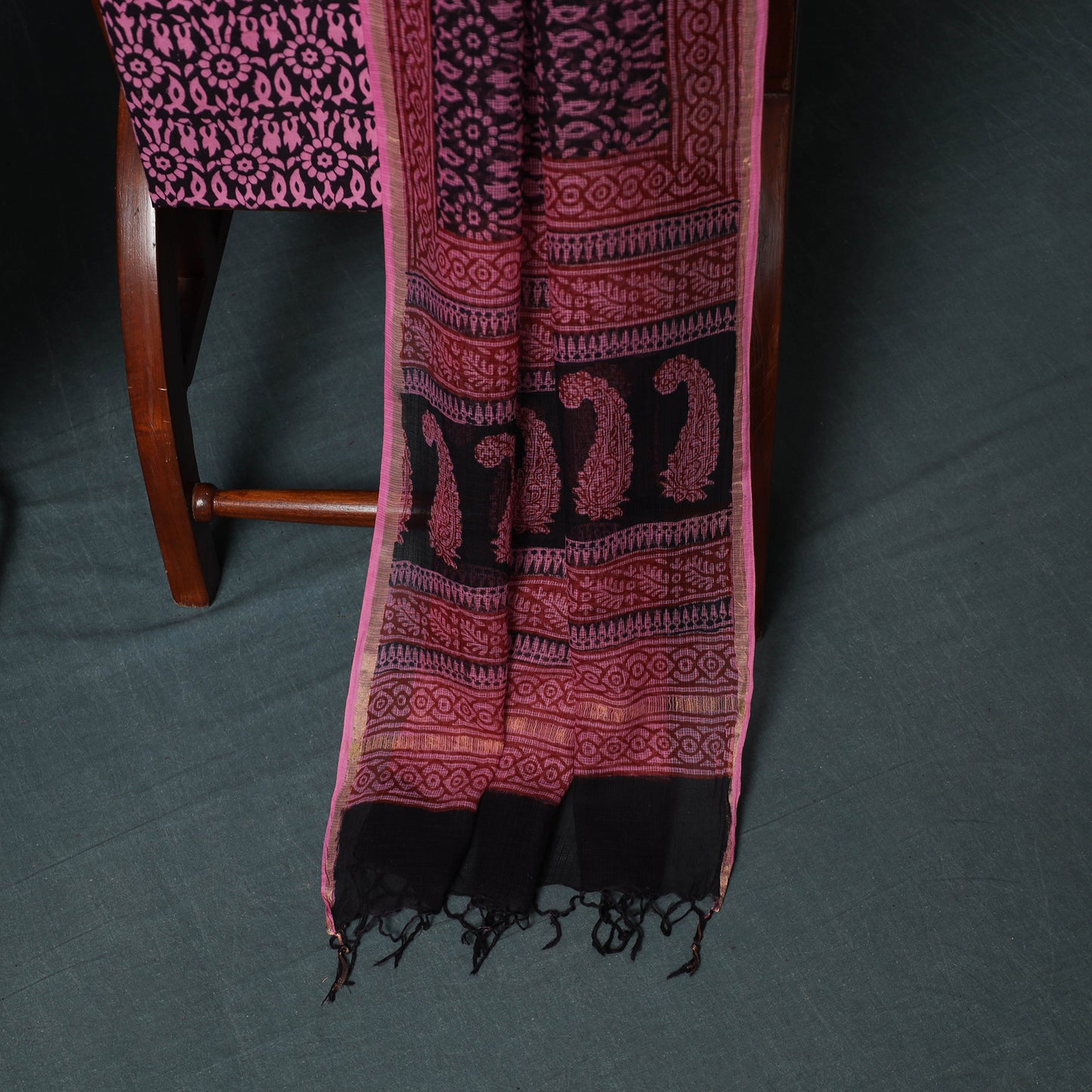 Bagh Hand Block Print Natural Dyed Kota Doria Cotton 3pc Unstitched Dress Material Suit Set 38
