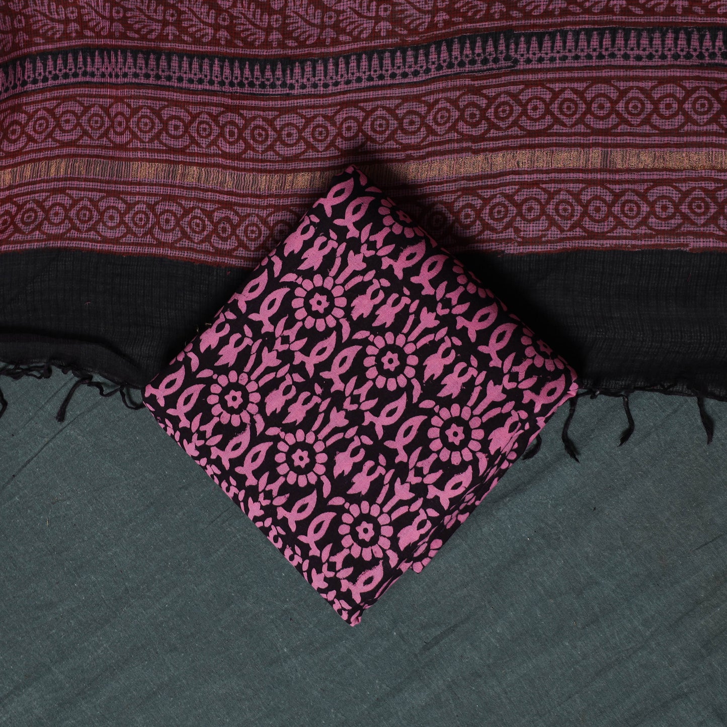 Bagh Hand Block Print Natural Dyed Kota Doria Cotton 3pc Unstitched Dress Material Suit Set 38