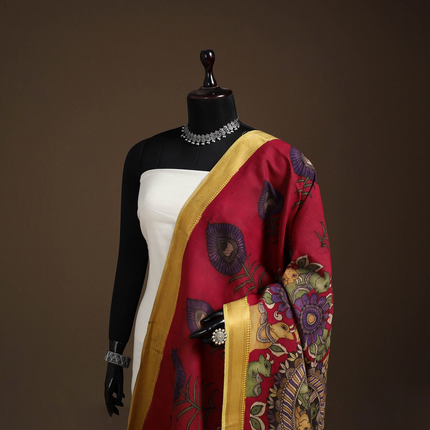 Srikalahasti Pen Work Kalamkari Bangalore Silk Figure Handpainted Dupatta 53