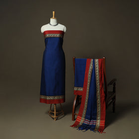 Blue - Dharwad Woven Mercerised Cotton 3pc Unstitched Dress Material Suit Set 73