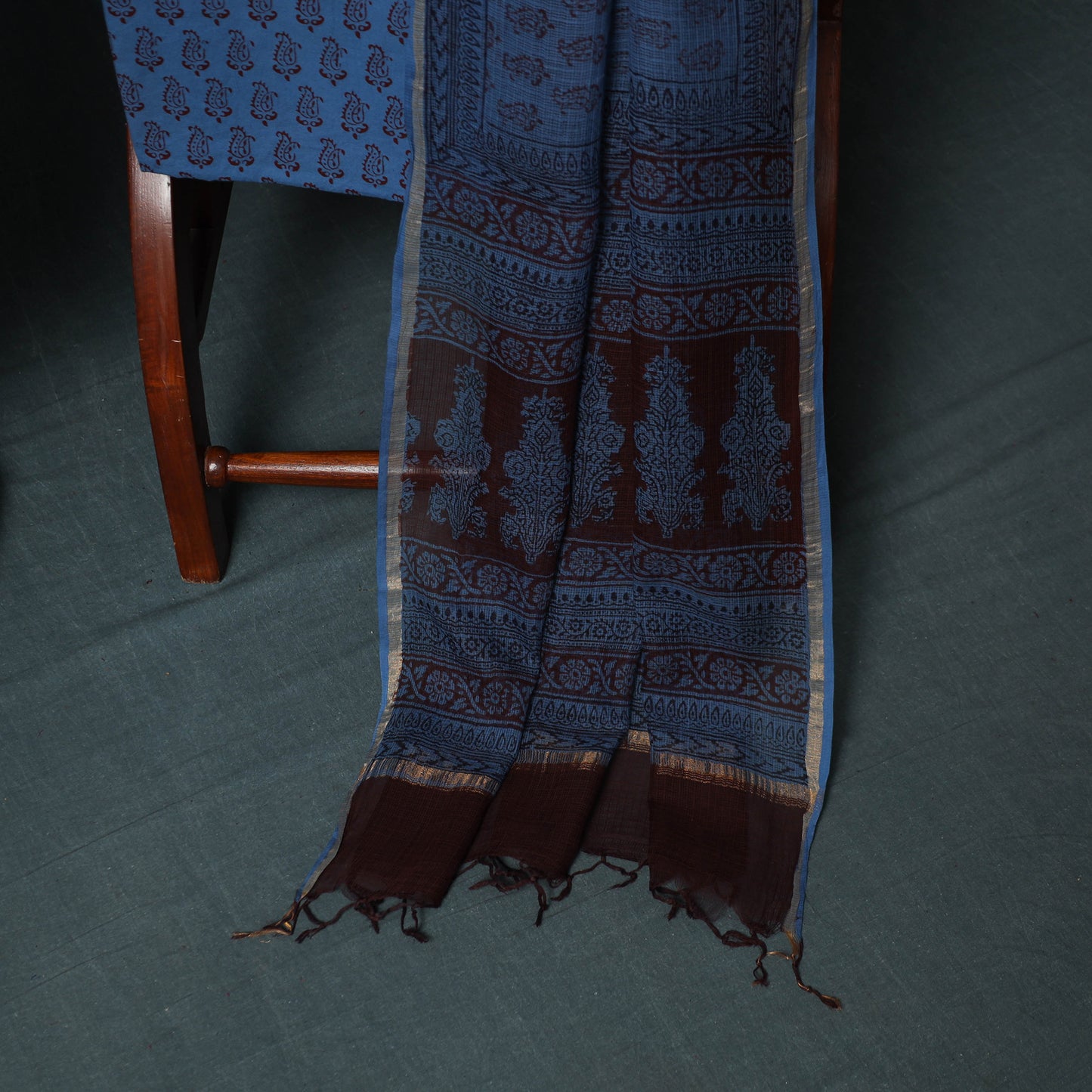 Bagh Hand Block Print Natural Dyed Kota Doria Cotton 3pc Unstitched Dress Material Suit Set 39