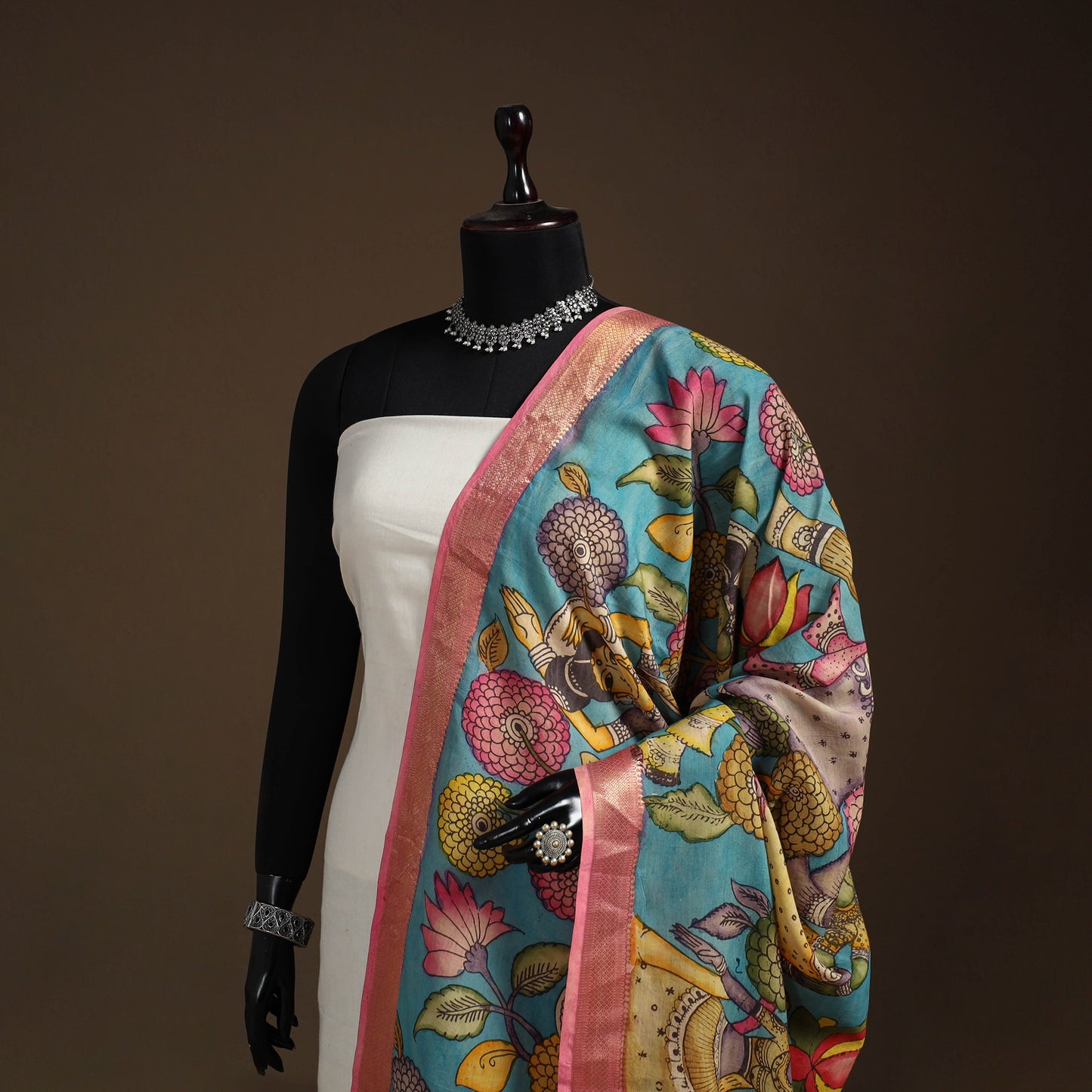 Srikalahasti Pen Work Kalamkari Bangalore Silk Figure Handpainted Dupatta 55
