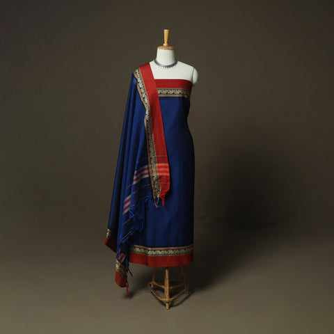Blue - Dharwad Woven Mercerised Cotton 3pc Unstitched Dress Material Suit Set 73