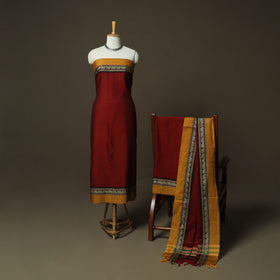 Red - Dharwad Woven Mercerised Cotton 3pc Unstitched Dress Material Suit Set 74