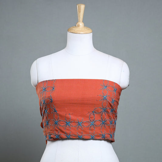 Orange - Hand Embroidered Dharwad Handloom Cotton Blouse Piece with Border