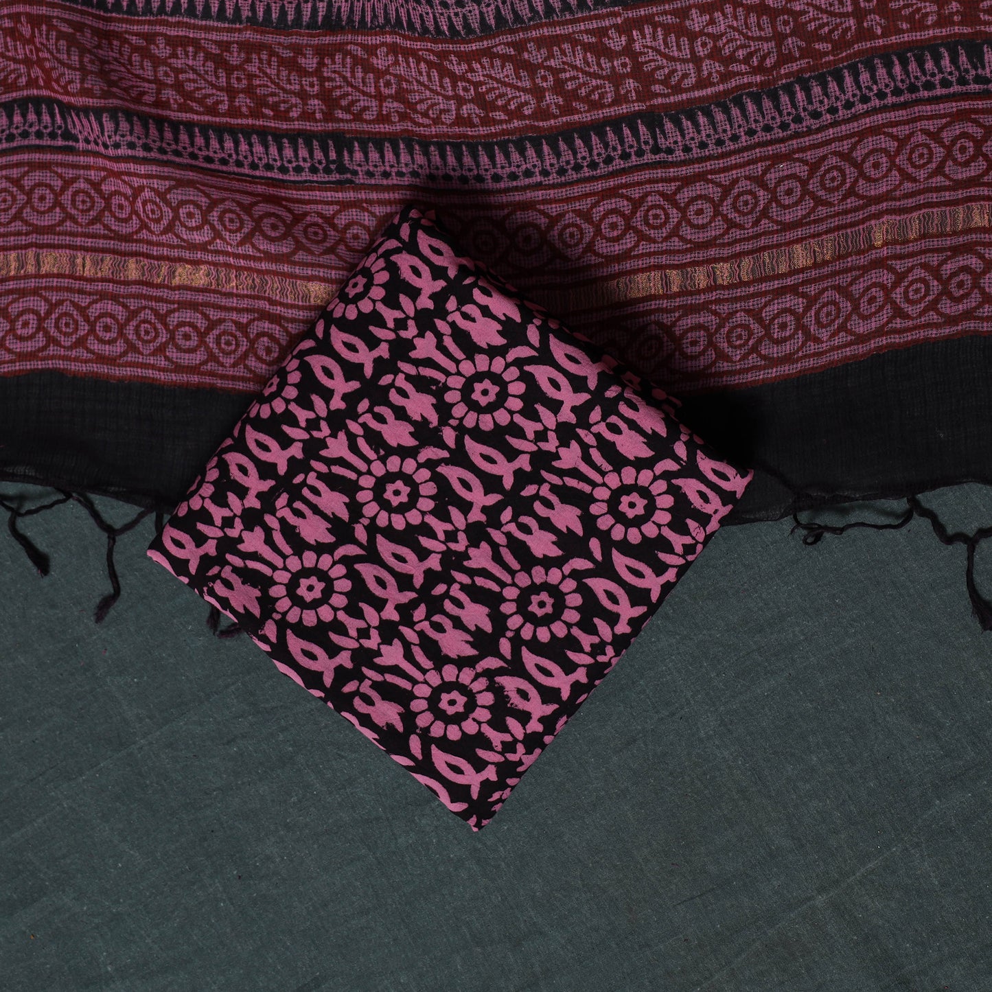 Bagh Hand Block Print Natural Dyed Kota Doria Cotton 3pc Unstitched Dress Material Suit Set 40