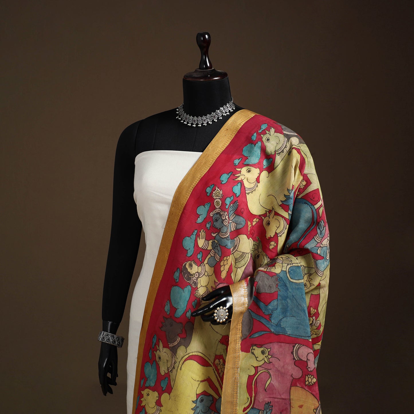 Srikalahasti Pen Work Kalamkari Bangalore Silk Figure Handpainted Dupatta 56