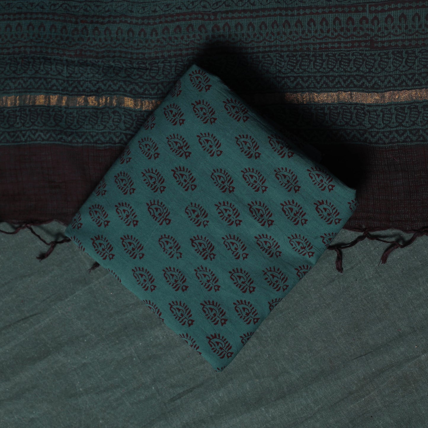 Bagh Hand Block Print Natural Dyed Kota Doria Cotton 3pc Unstitched Dress Material Suit Set 41