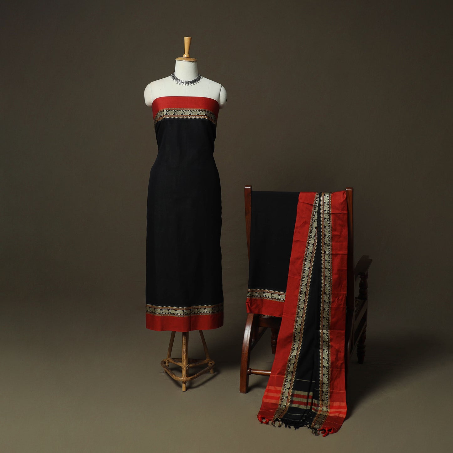 Black - Dharwad Woven Mercerised Cotton 3pc Unstitched Dress Material Suit Set 75