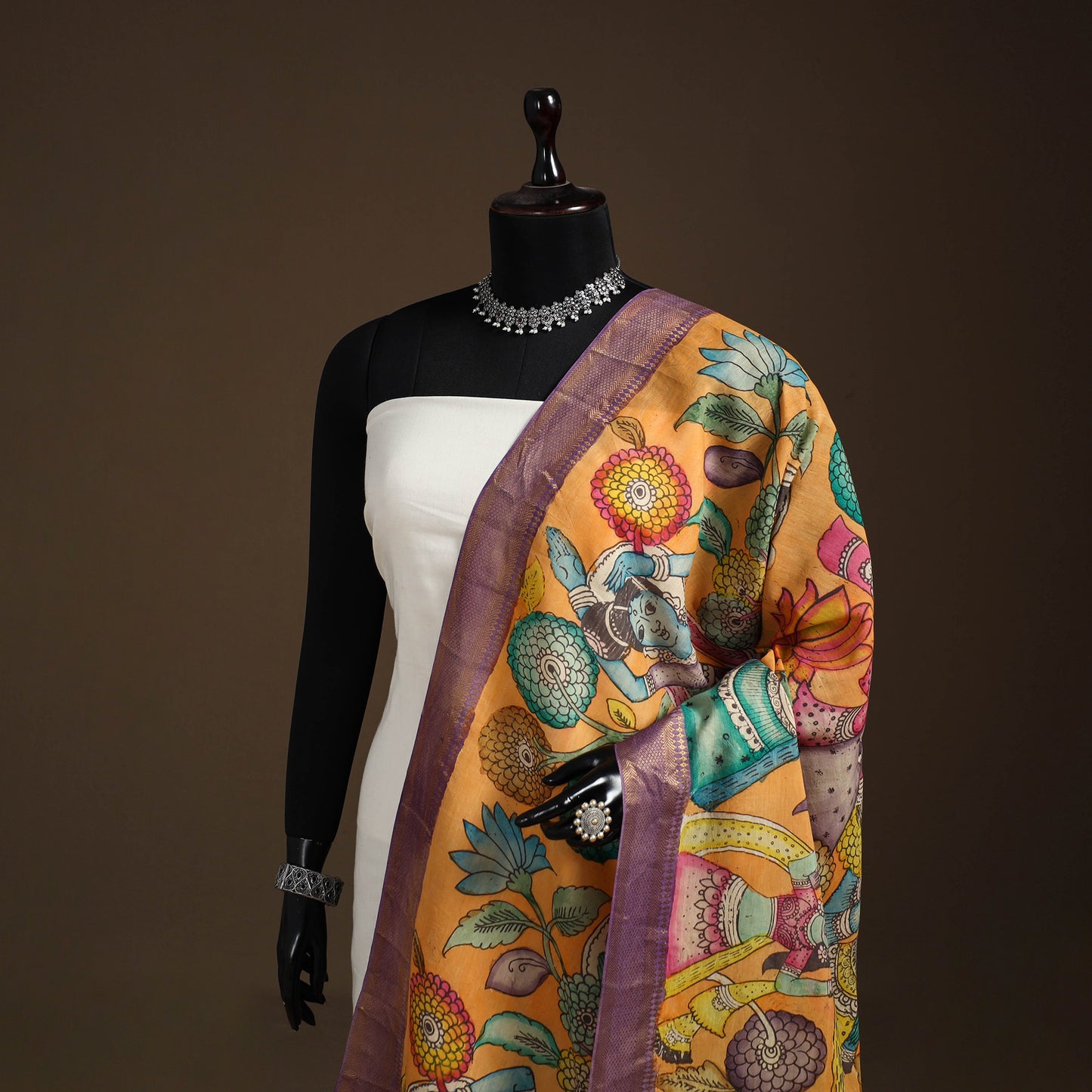 Srikalahasti Pen Work Kalamkari Bangalore Silk Figure Handpainted Dupatta 57