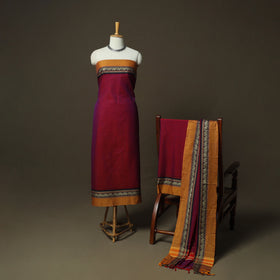 Red - Dharwad Woven Mercerised Cotton 3pc Unstitched Dress Material Suit Set 76