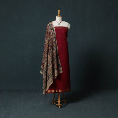 Mangalagiri Handwoven 2pc Cotton Unstitched Dress Material Kurta Set with Jewellery 01