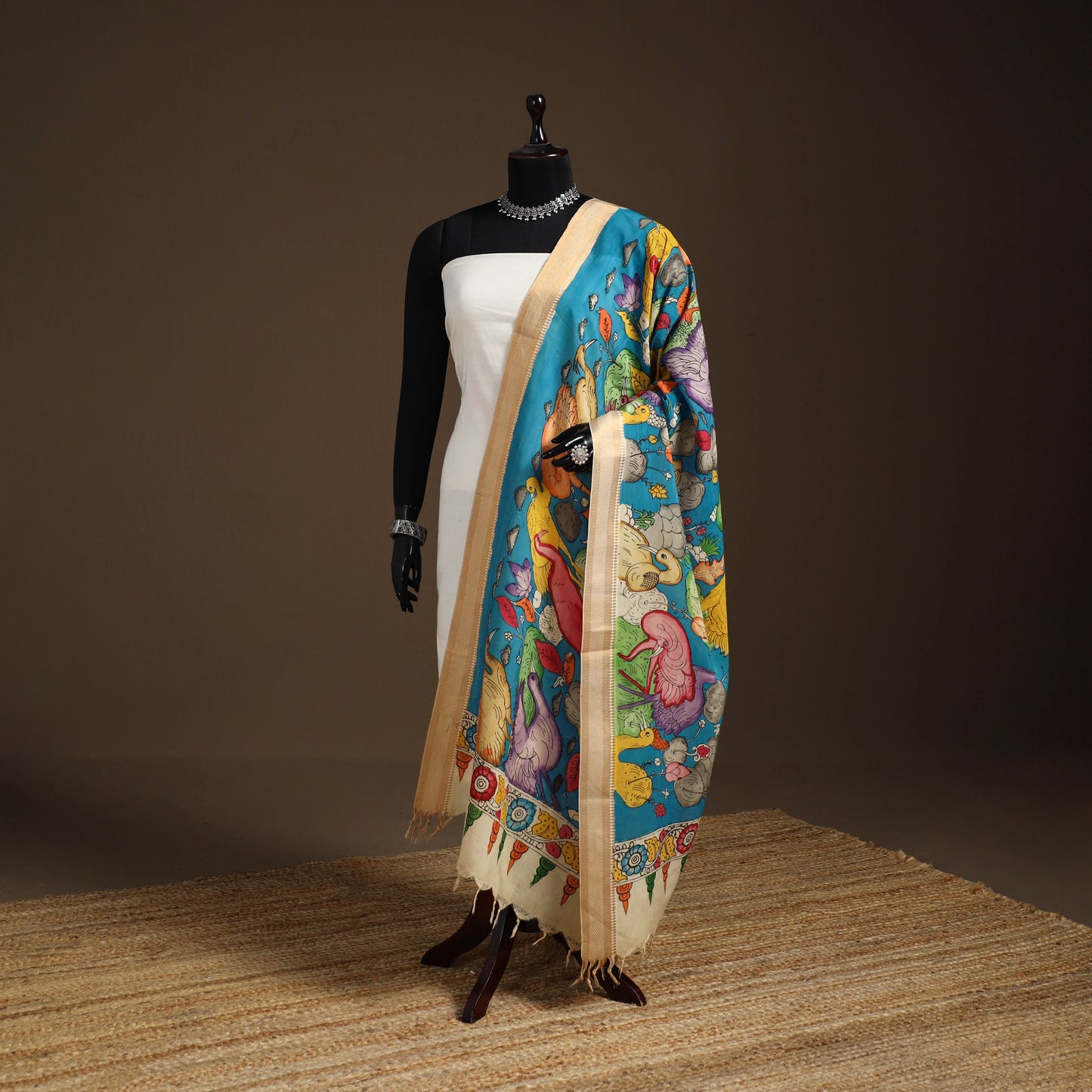 Srikalahasti Pen Work Kalamkari Bangalore Silk Figure Handpainted Dupatta 59