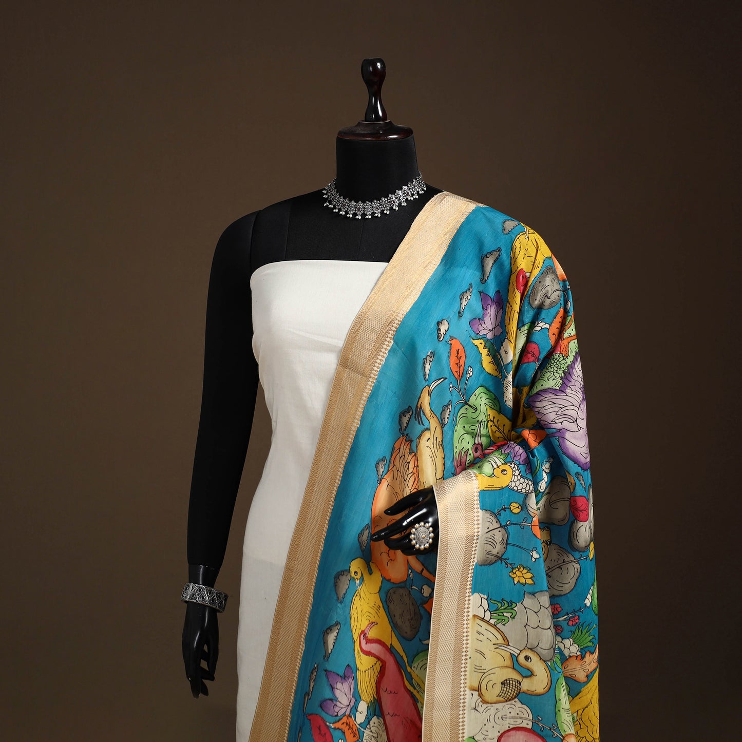 Srikalahasti Pen Work Kalamkari Bangalore Silk Figure Handpainted Dupatta 59
