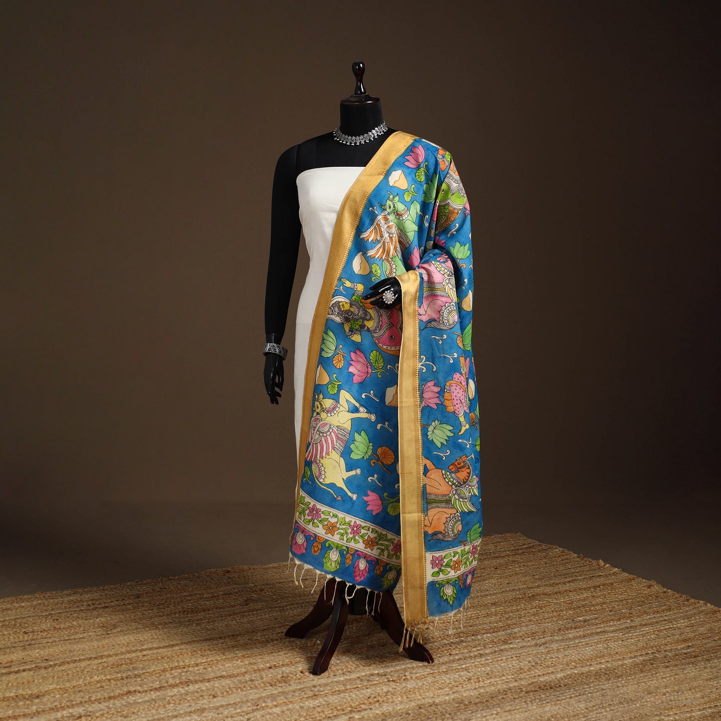 Srikalahasti Pen Work Kalamkari Bangalore Silk Figure Handpainted Dupatta 60