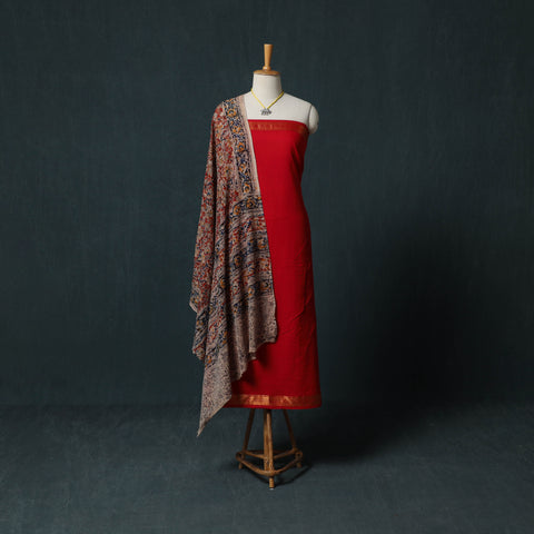 Red - Mangalagiri Handwoven 2pc Cotton Unstitched Dress Material Kurta Set with Jewellery 02