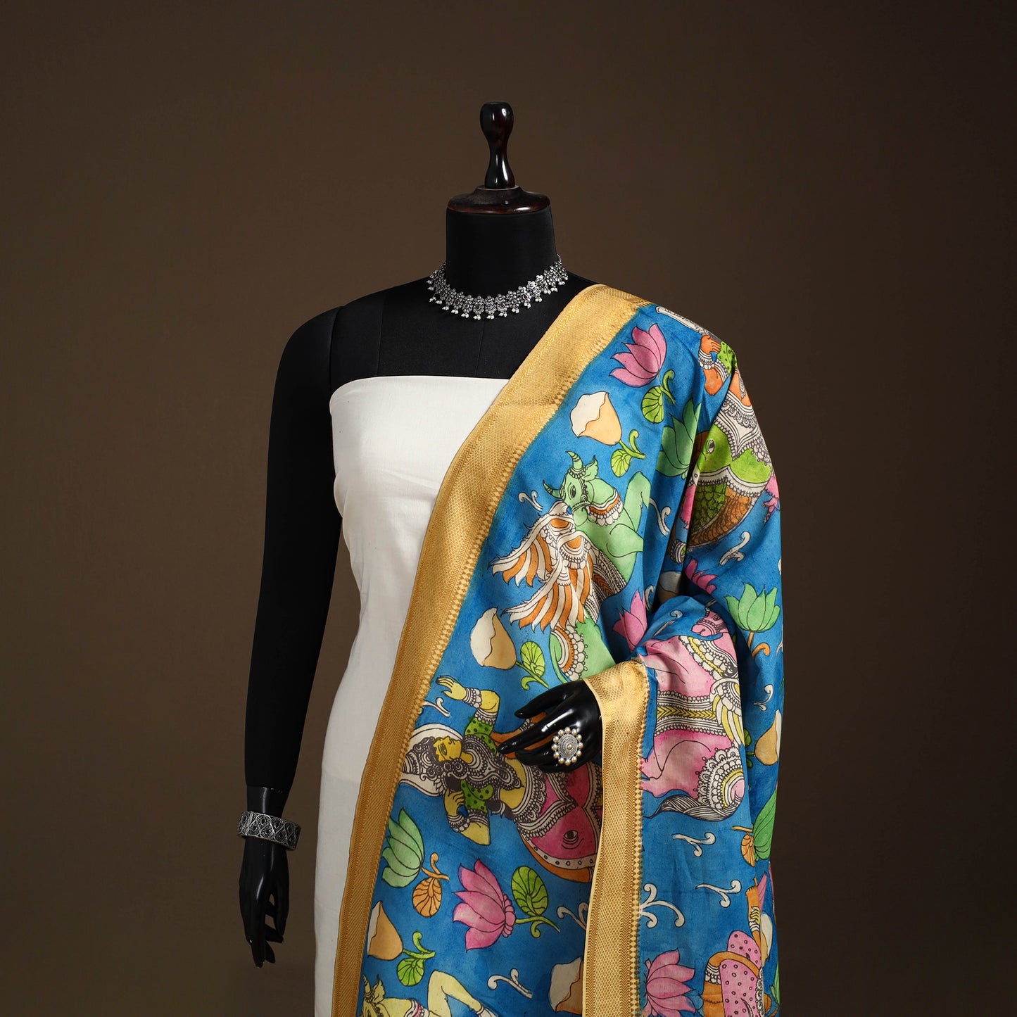 Srikalahasti Pen Work Kalamkari Bangalore Silk Figure Handpainted Dupatta 60