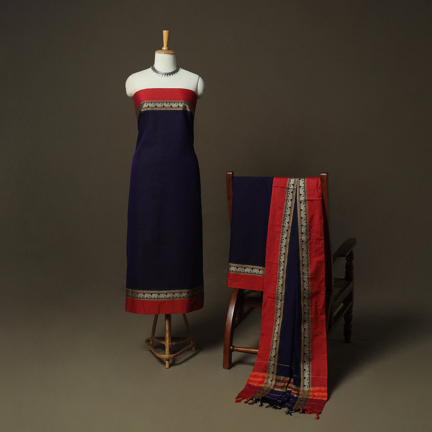 Blue - Dharwad Woven Mercerised Cotton 3pc Unstitched Dress Material Suit Set 77