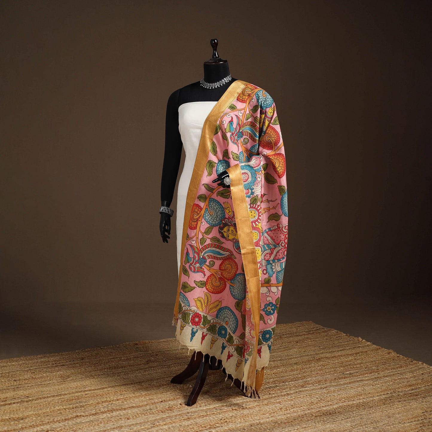 Srikalahasti Pen Work Kalamkari Bangalore Silk Figure Handpainted Dupatta 61
