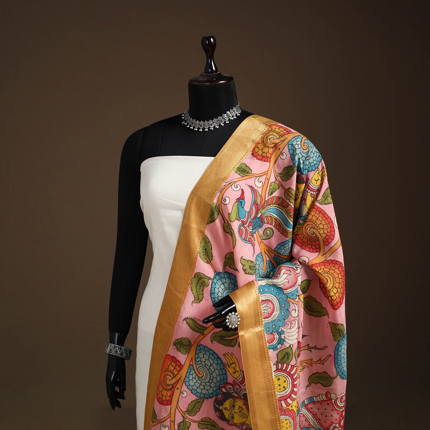Srikalahasti Pen Work Kalamkari Bangalore Silk Figure Handpainted Dupatta 61