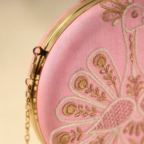 Pink Chikankari Hand Embroidery Tussar Silk Clutch/Sling Bag