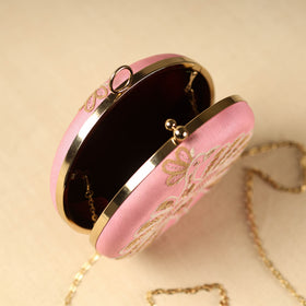 Pink Chikankari Hand Embroidery Tussar Silk Clutch/Sling Bag