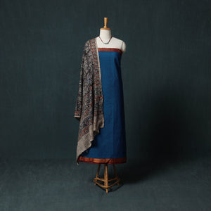 Blue - Mangalagiri Handwoven 2pc Cotton Unstitched Dress Material Kurta Set with Jewellery 04