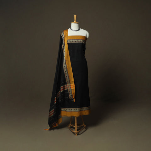 Black - Dharwad Woven Mercerised Cotton 3pc Unstitched Dress Material Suit Set 78