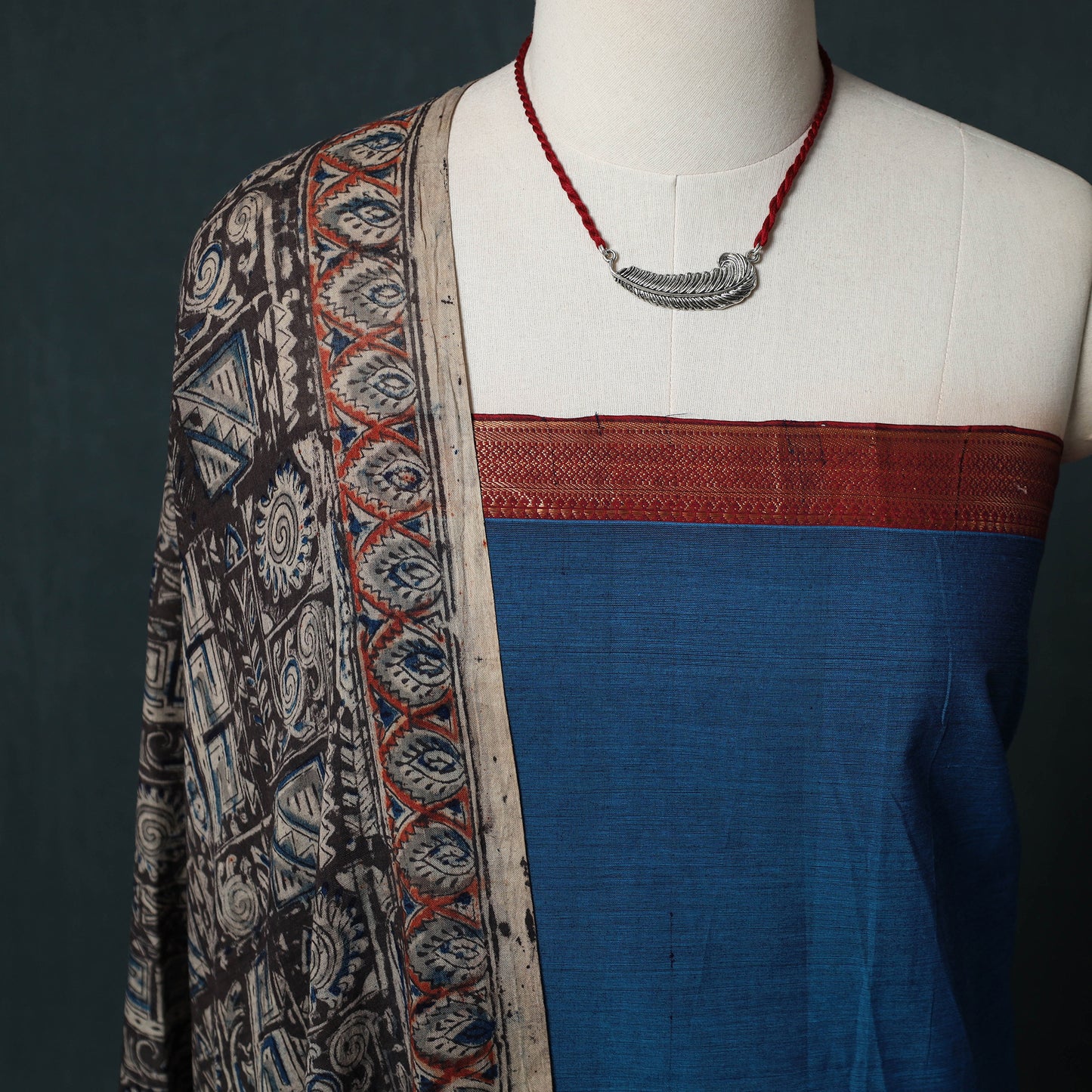 Mangalagiri Handwoven 2pc Cotton Unstitched Dress Material Kurta Set with Jewellery 04