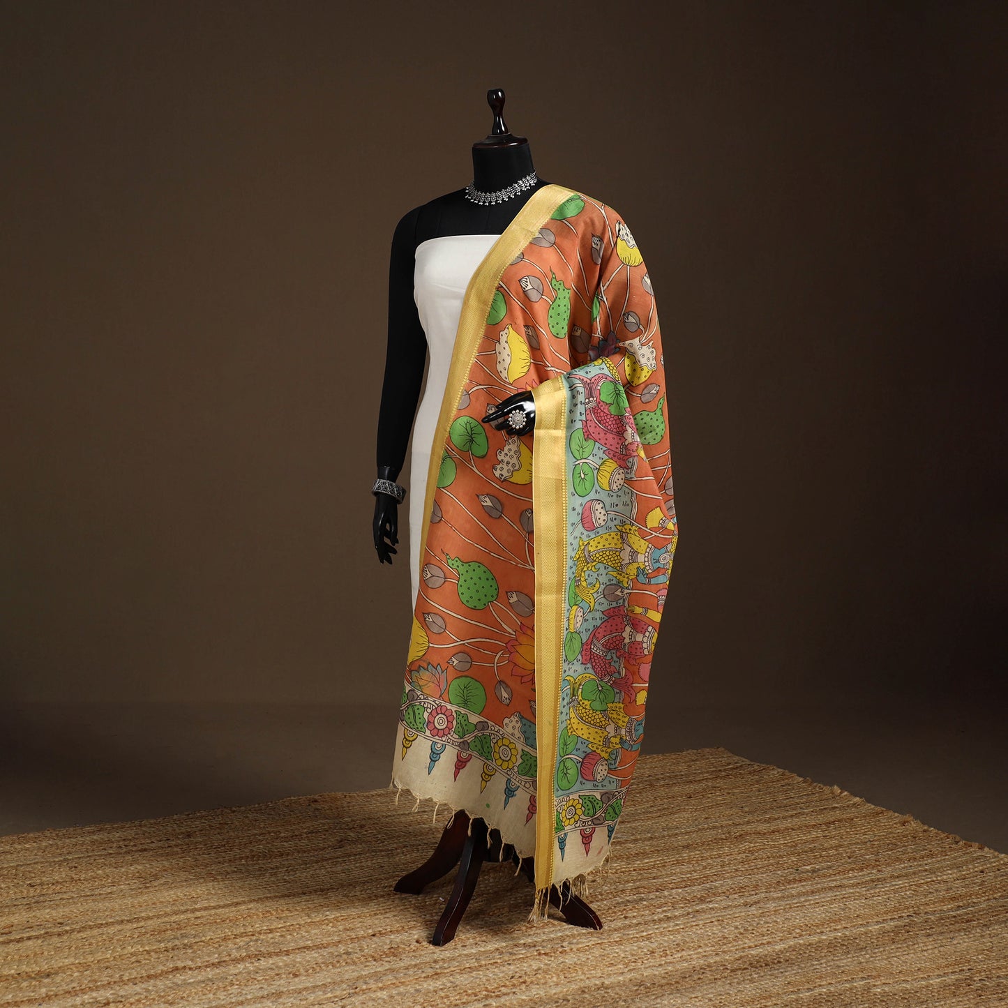 Srikalahasti Pen Work Kalamkari Bangalore Silk Figure Handpainted Dupatta 62