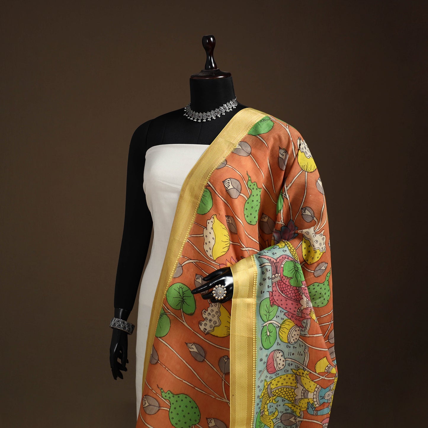 Srikalahasti Pen Work Kalamkari Bangalore Silk Figure Handpainted Dupatta 62