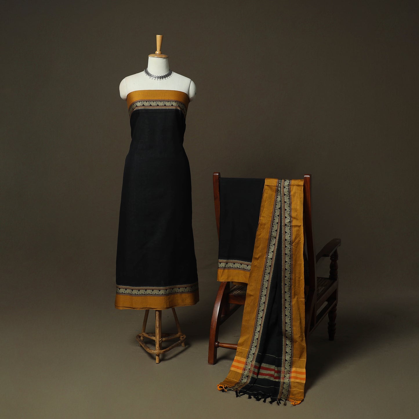 Black - Dharwad Woven Mercerised Cotton 3pc Unstitched Dress Material Suit Set 78