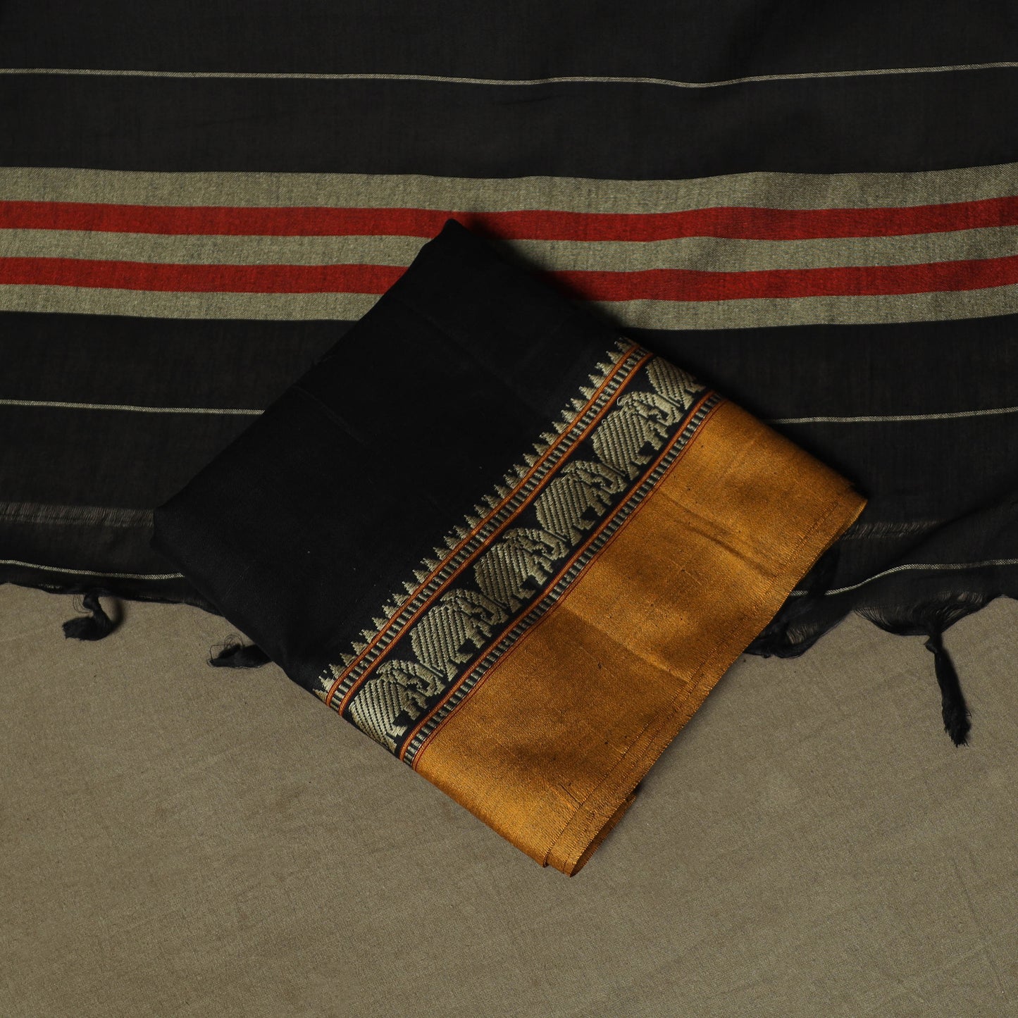 Black - Dharwad Woven Mercerised Cotton 3pc Unstitched Dress Material Suit Set 78