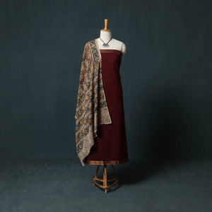 Maroon - Mangalagiri Handwoven 2pc Cotton Unstitched Dress Material Kurta Set with Jewellery 05