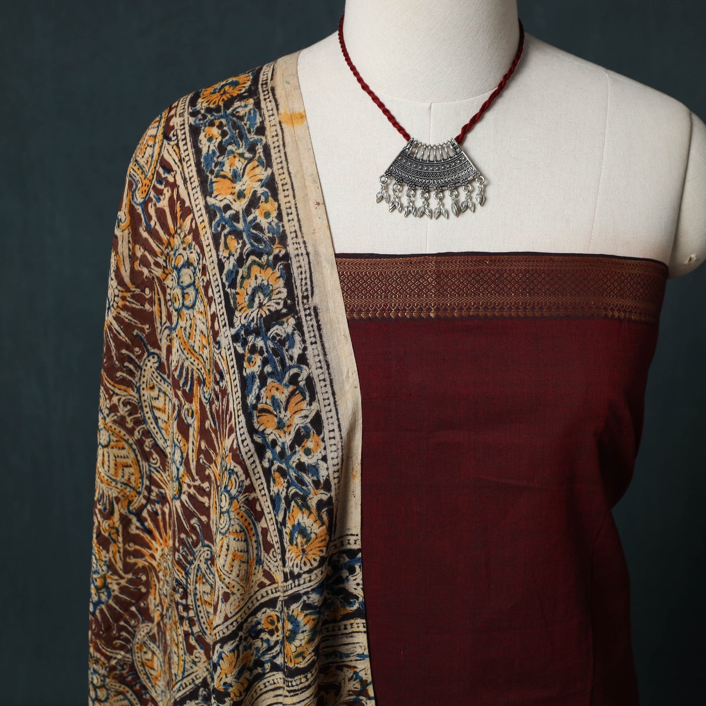 Mangalagiri Handwoven 2pc Cotton Unstitched Dress Material Kurta Set with Jewellery 05