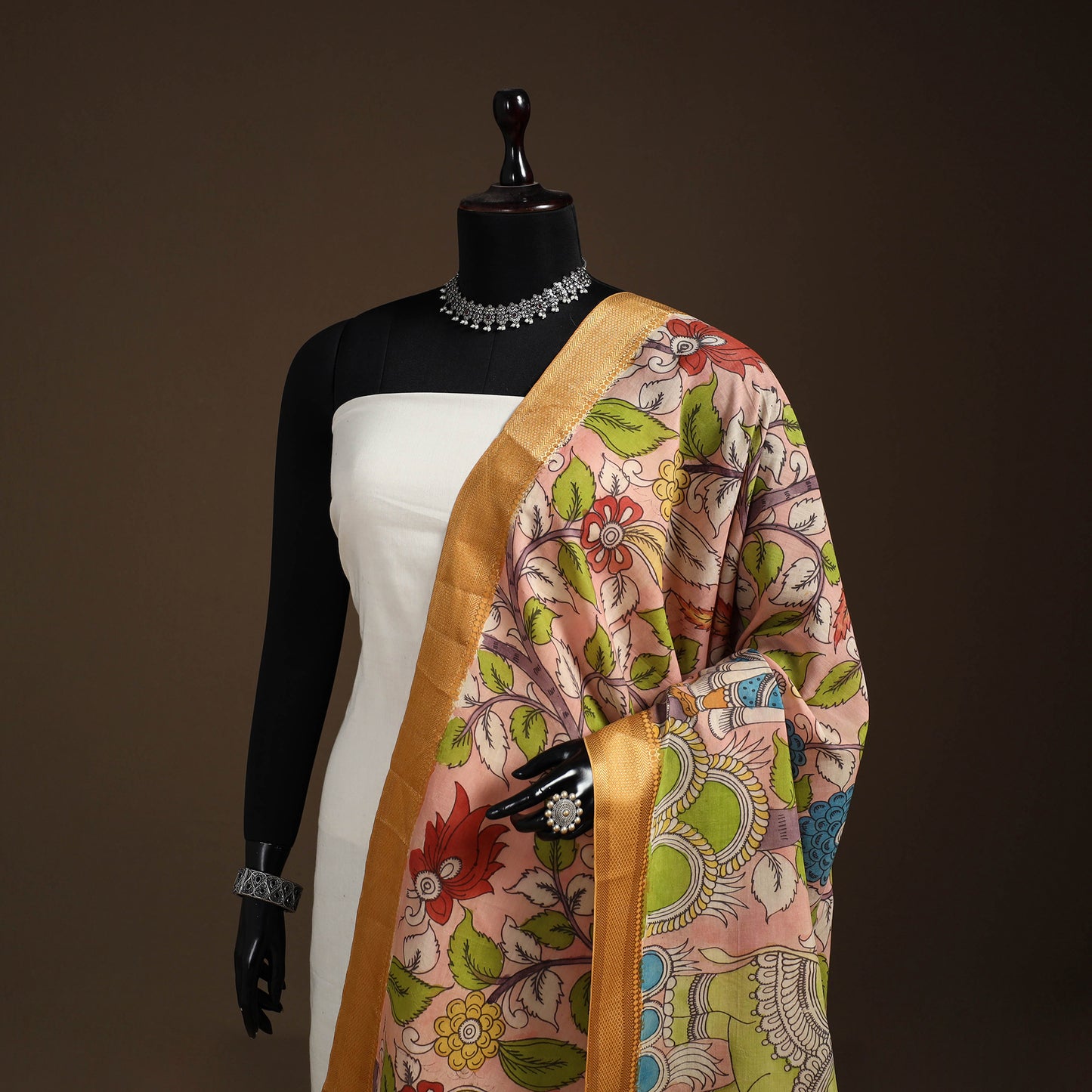 Srikalahasti Pen Work Kalamkari Bangalore Silk Figure Handpainted Dupatta 65