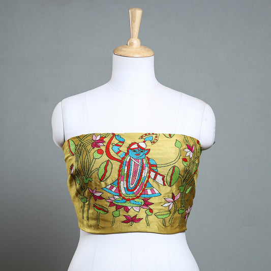 Yellow - Bengal Kantha Embroidery Silk Blouse Piece